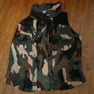 Wallflower Silky Camo Button Down Sleeveless Top with Mesh Detail